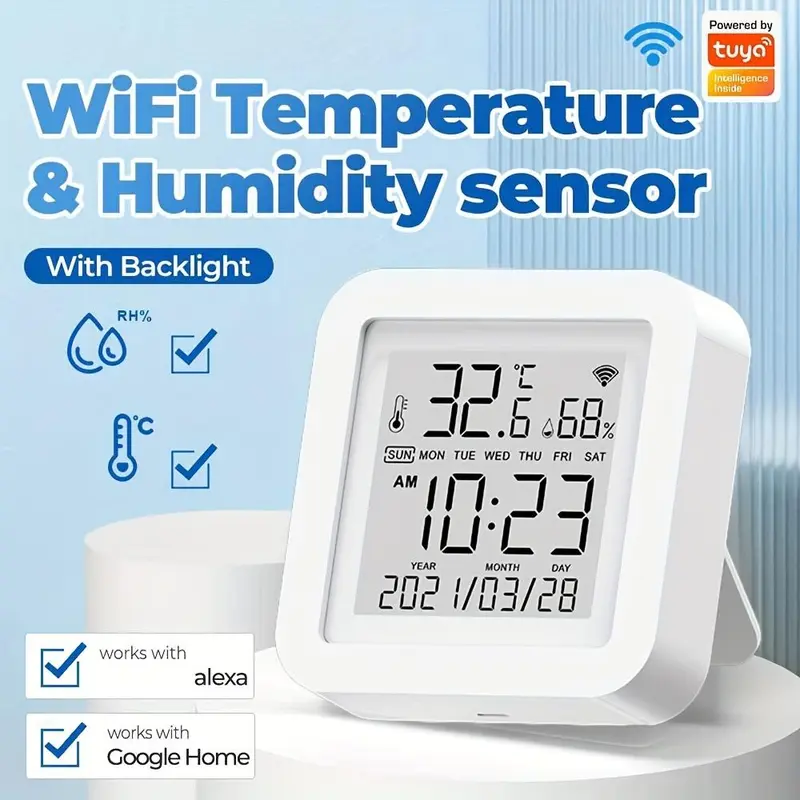 Tuya Smart Life WiFi Temperature & Humidity Sensor - Real-Time Home Automation, USB Transmitter, Fireproof ABS Host, LCD Display, Voice Control for Alexa & Google Home, Remote Access Not Supported, Home Automation | Wireless Connectivity | App-Controlled 3