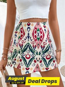 Women's Ethnic Pattern Button Split Thigh Wrap Skorts, Boho Casual Fit Shorts for Everyday Beach Vacation Holiday, Ladies Summer Bottoms, Bohemian Womenswear
