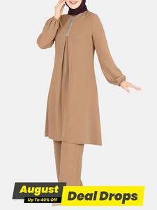 Women's Plain Contrast Sequin Bishop Sleeve Tunic Round Neck Top & Wide Leg Pants Set, Chic Modesty Casual Long Sleeve Top & Trousers for Daily Wear, Ladies Islamic Clothing for All Seasons, Abaya for Women, Outfit Sets Women, Two Piece Set Women
