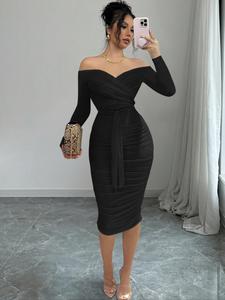 Women's Plain Off The Shoulder Wrapped Ruched Bodycon Dress, Slim Fit Elegant Draped Long Sleeve Knee Length Dress, Dresses for Women, Ladies Spring & Fall Clothes, 80s Fancy Dress, Formal Evening Dresses