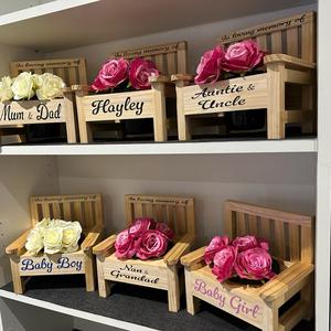 Personalised Wooden bench flower vase with glitter detail colour option