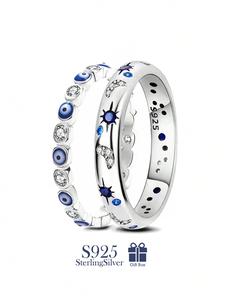 925 Sterling Silver Fashion Eye & Star Design Cuff Ring, Rhinestone Decorated Ring, Fashion Jewelry for Party, Daily Clothing Decor, Trendy All-match & Exquisite Stackable Engagement Ring for Birthday Gift