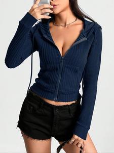 Women's Plain Textured Drawstring Zip Up Hoodie, Casual Raglan Sleeve Skinny Hooded Sweatshirt for Fall & Winter, Women's Clothing for Daily Wear