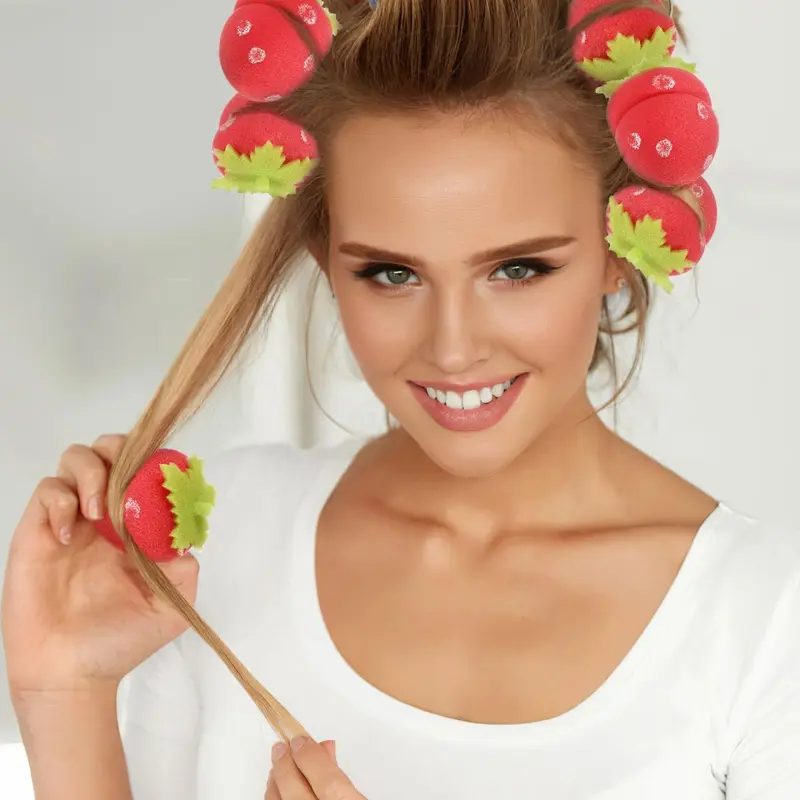 12pcs Hair Curler Foam Roller Cute Hair Styling Rollers for Women Sponges Strawberry Curlers Sponge Rollers for Hair Hot Rollers Foam Hair Rollers Hair Care Foam Rollers Balls Red 2