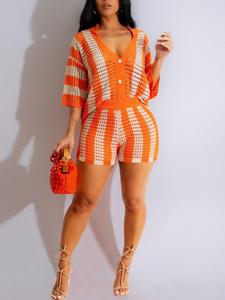 Women's Striped Sweater Top & Shorts, Casual Button Front Knitwear Outfits for Summer, Fashion Women's Knit Clothing for Daily Wear, Womenswear