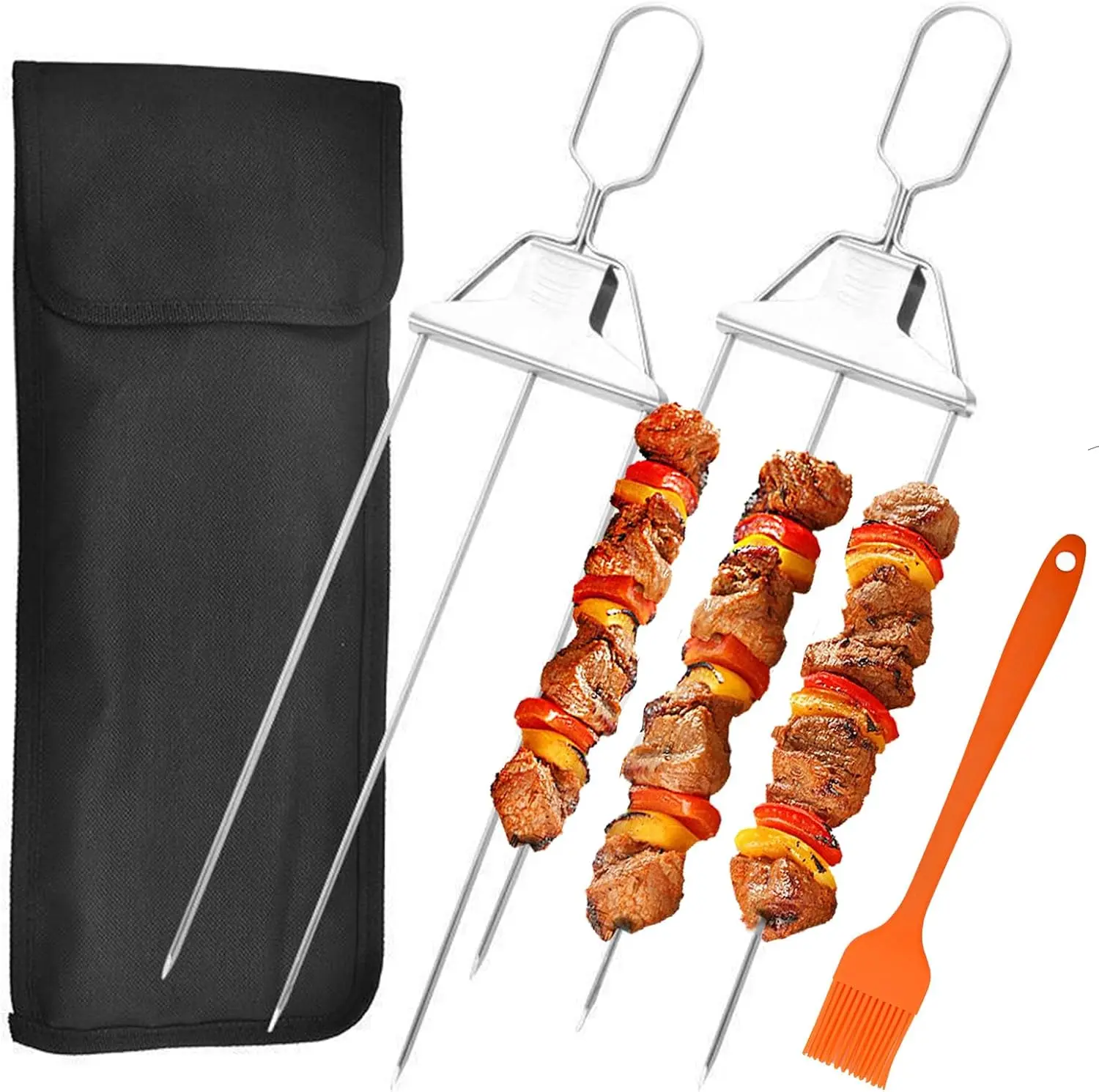 3-Way BBQ Metal Skewer Kit - 2Pcs Stainless Steel Grill Skewers With Push Bar Slider - 3-Prong Kabob Forks for Outdoor Grilling - Easy to Use Barbecue Accessories