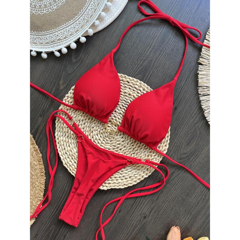 Sexy Halter Solid color Bikini Set Women's Swimsuit Two-piece Triangle Thong Swimwear Bathing Suit Brazilian Biquinis 7