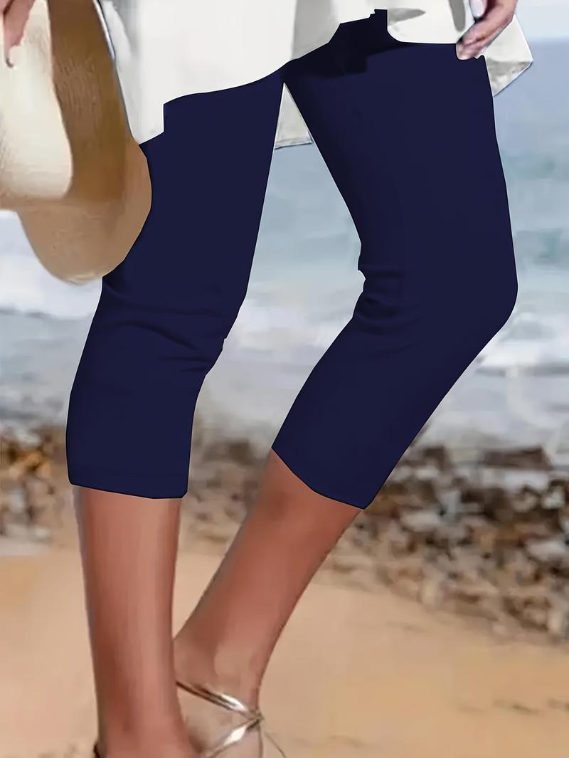 Product Introduction of Plus Size Solid Skinny Capris Leggings, Women's Casual Crop For Spring & Summer 16