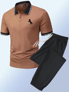 Two-piece Set Men's Horse Print Buttons Polo Shirt & Drawstring Pocket Sweatpants Set, Regular Fit Short Sleeve Top & Jogger Pants, Summer Clothes, Men's Outfits