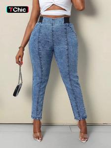 【Plus Size】 Solid High Rise Slim High Waist Skinny Jeans, Casual Pocket Design Denim Trousers for Daily Wear, Women's Bottoms for Summer