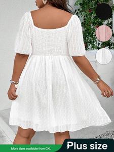 【plus Size】 Solid Color Hollow Out Dress, Plus Casual Short Sleeve Dress for Summer, Women's Plus Clothes for Daily Wear, Dress Hide Tummy, Womenswear