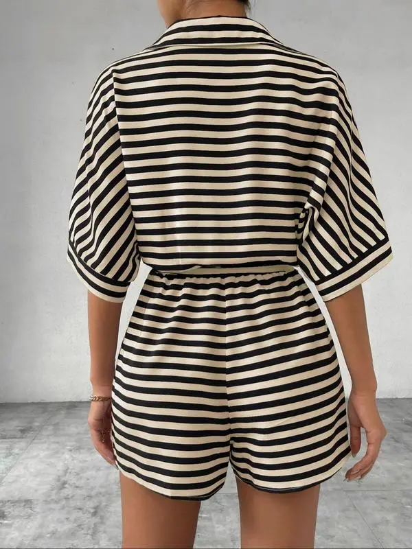 Women's Striped Print Romper, Casual Belted Romper for Summer, Fashion Women's Clothes for Daily Wear 1