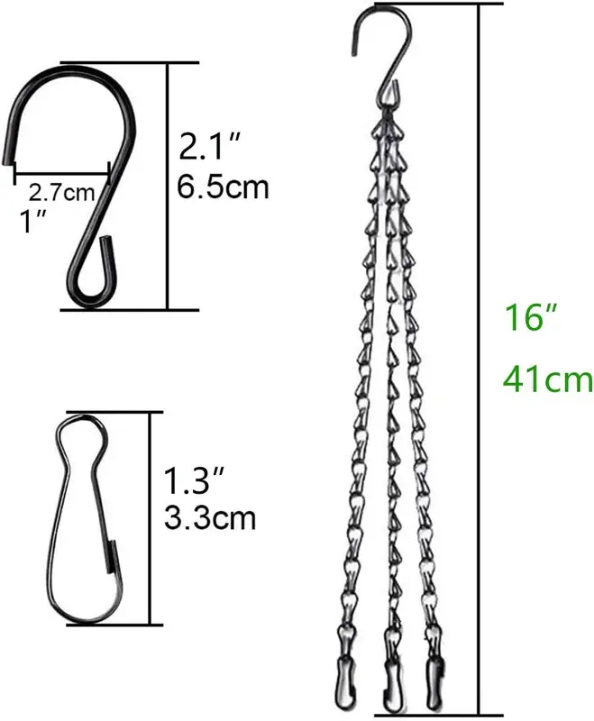 4pcs Black Heavy Duty Hanging Basket Chains 3 Point 16" (41cm) Metal Replacement Chain For Hanging Basket Bird Feeder Flower pots and Ornaments 1