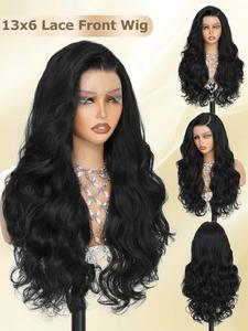 Lehanhair 24 Inch Yaki Long Body Wavy Wigs for Women, Gorgeous Fluffy Wigs without Bangs, Synthetic 13*6 Lace Front Wigs for Party, Daily Use