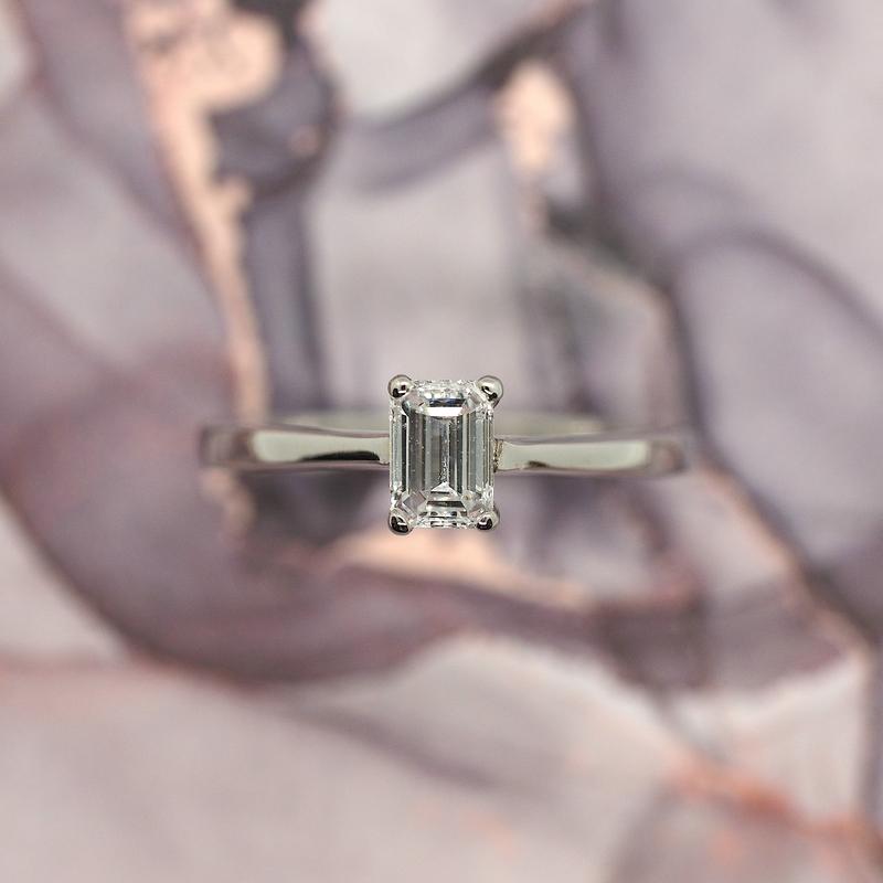 Platinum Emerald Cut Diamond Solitaire Ring, size I 1/2 6