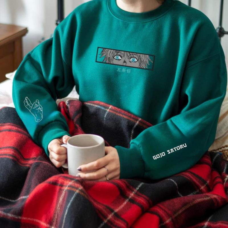 Embroidered Anime Sweatshirt, Sorcery Battle Sweater, Limitless Cursed Technique Design, Six Eyes Manga-Inspired, Gifts for Anime 5