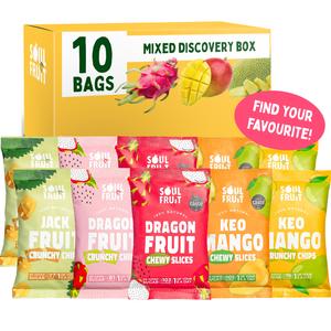 Discovery Box (10 bags) | Find your fave | Soft Dried Fruit Slices - 2 chewy Mango, 2 chewy Dragon Fruit | Freeze Dried Fruit Crisps - 2 crunchy Mango, 2 crunchy Dragon Fruit, 2 crunchy Jackfruit | Healthy dried fruit snack