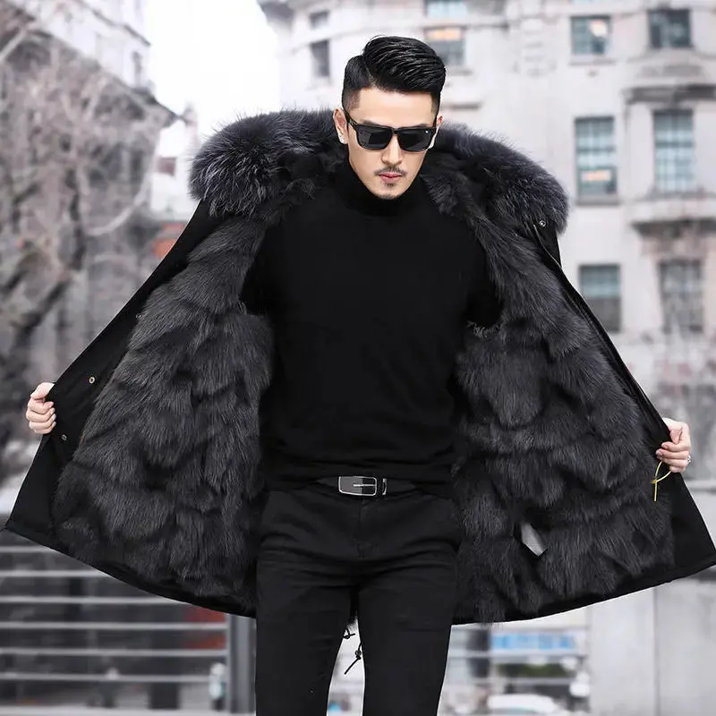 HANZANGL Men's Fur Coat 2022 Winter High Quality Fashion With Fur Hooded Lined Thick Warm Parkas Outerwear Mid-length With Long Menswear Jackets Clothing Casual Fabric Sleeve Zipper Collar Layer Relaxed Fit Stylish Tops 4
