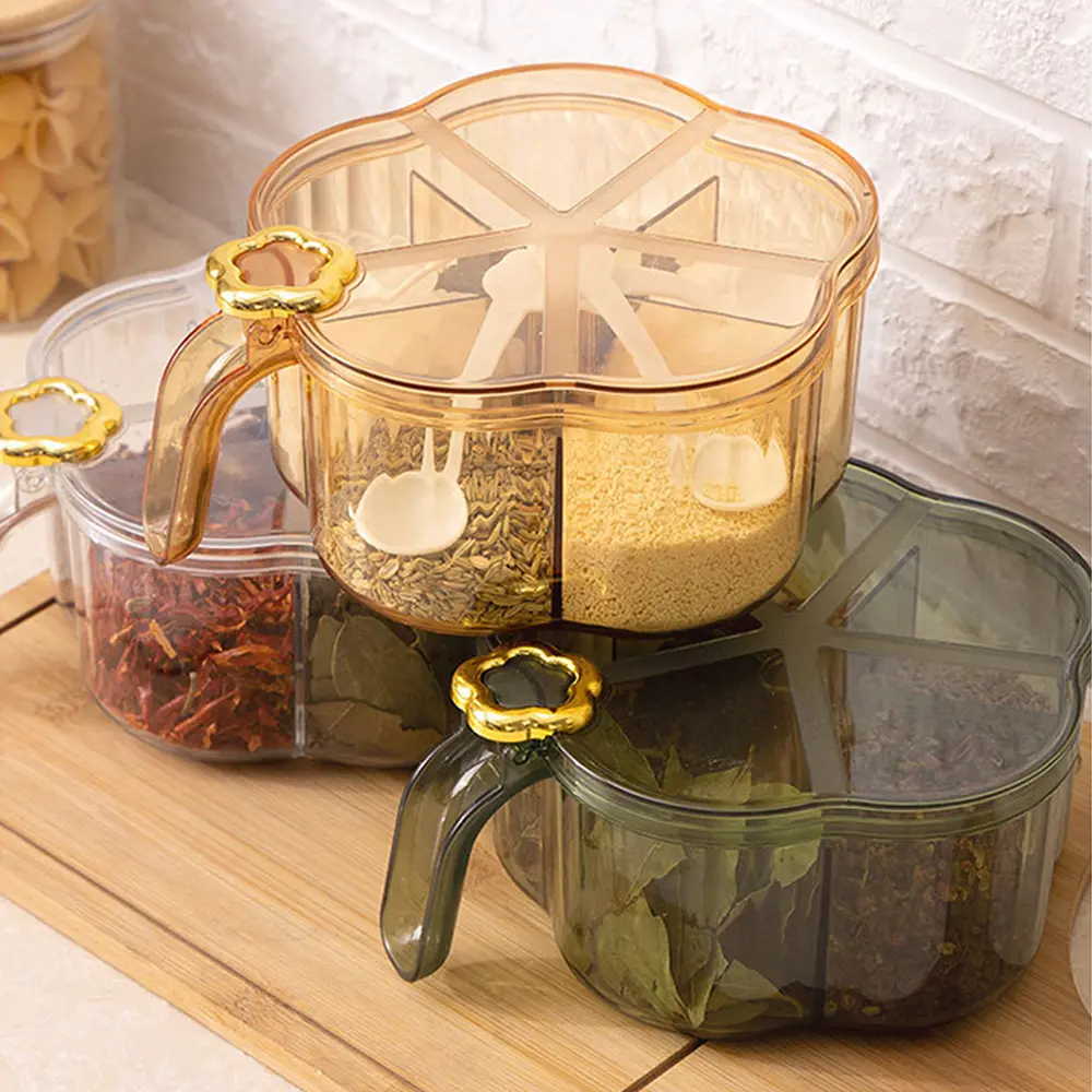 5 In 1 Seasoning Box with Spoon Spice Jar Multi Compartment Salt Pepper Spice Jars Pots Kitchen Accessories Condiment Container Utensils Tin
