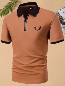 Men's Regular Fit Thin Short Sleeve Polo Shirt, Summer Clothes, Leaf Print Zipper Contrast Binding Polo Shirt, Formal Business Top for Summer