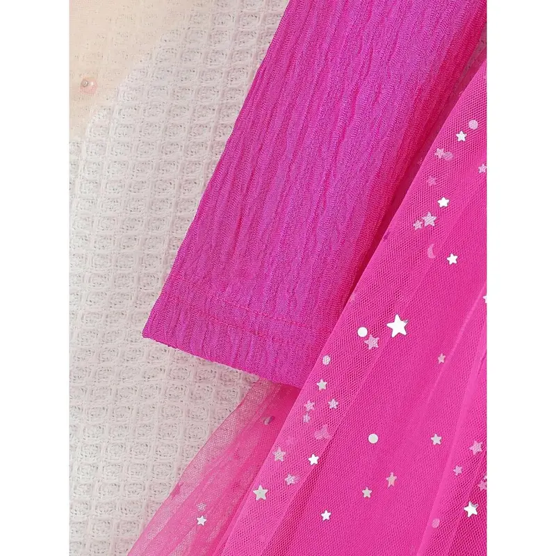 Young Girls Pink Star Sequin Mesh Puff Skirt Bowknot Square Neck Long Sleeve Princess Dress, Spring & Autumn 5