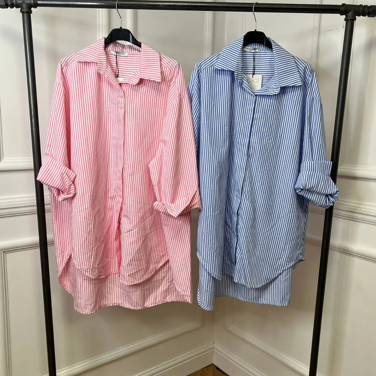 Miss Hussy- Women’s Glam Striped Rhinestone Oversized Shirt