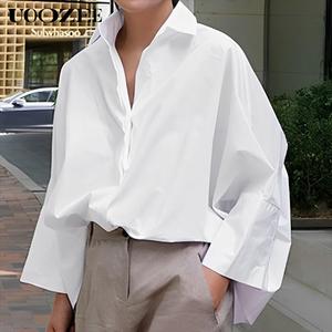 UOOZEE long sleeved loose fitting shirt, solid color lapel women's shirt top, versatile women's top for all seasons