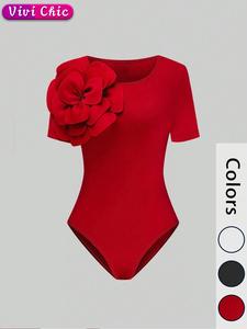 Women's Plain Floral Decor Round Neck Bodysuit, Basic Casual Short Sleeve Bodysuit for Summer, Ladies Clothes for Daily Wear
