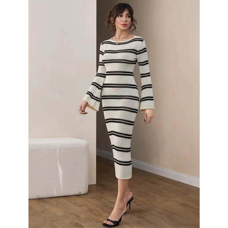 CLARA VERO Women Hollow Out Low Cut Back Detailed Long Bodycon Cover Up Knit Dress 3