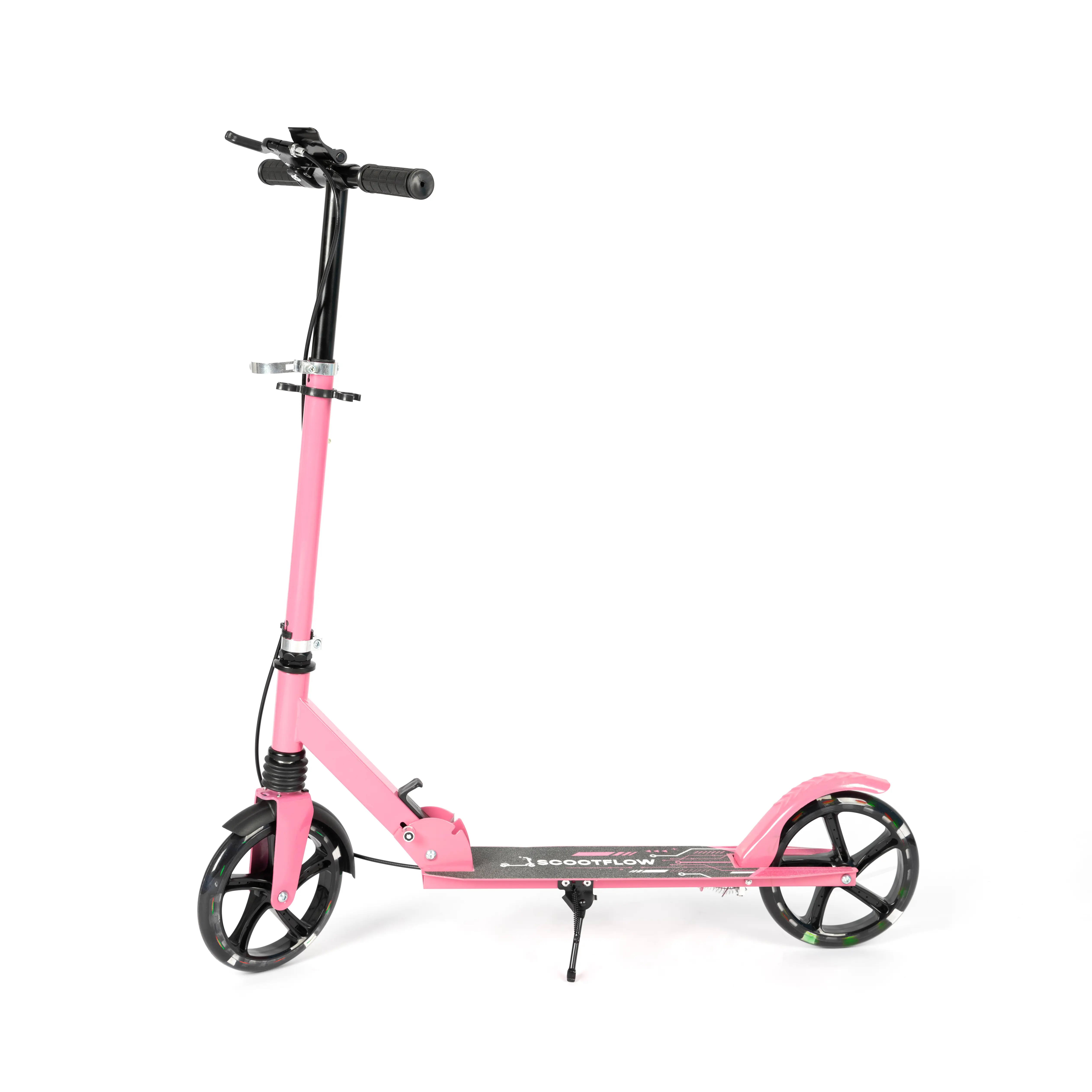 SCOOTFLOW children's colorful flashing wheel scooter, foldable, suitable for children aged 7-14, adjustable height, with brakes, large wheels, pink