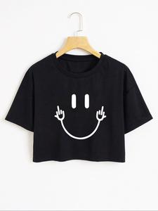 Women's Cartoon Face Print Round Neck Crop Tee, Fashion Casual Drop Shoulder Short Sleeve T-Shirt for Daily Outdoor Wear, Ladies Clothes for All Seasons, Womenswear