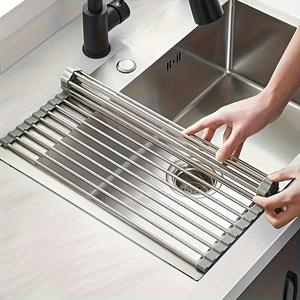 1pc, Roll Up Dish Drying Rack, Over The Sink Dish Drying Rack, Stainless Steel Multifunctional Dish Drain Rack, Rollable Dish Drainer For Kitchen Sink, Portable Stainless Steel Rolling Rack, Sink Rack Mat, Kitchen Tools