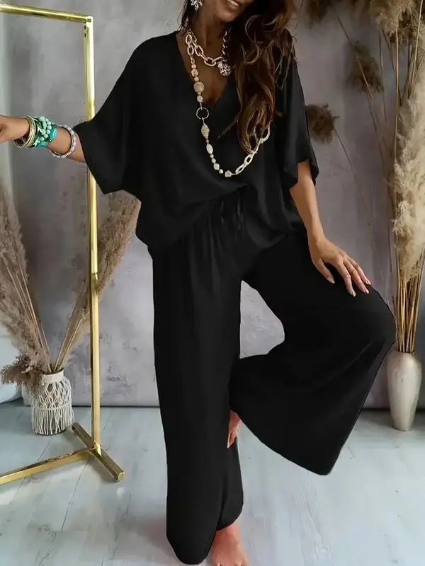 Elegant Two-Piece Lounge Set-Women's Solid Color V-Neck Half Sleeve Top Wide Leg Pants, Soft Breathable Fabric, Loose Fit, Effortless Chic, Comfortable Stylish Daily Wear Travel Office Loungewear Casual Outings & Vacation Perfect Gift for Women Daily Wear 3