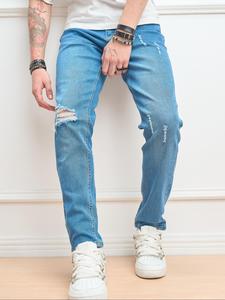 Men's Regular Fit Solid Color Ripped Jeans, Casual Comfy Slim-fitting Denim Pants for Daily Wear, Fashion Men's Bottoms for All Seasons, Cotton