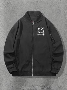 Men's Regular Fit Graphic Print Zip Up Jacket, Casual Long Sleeve Pocket Zipper Bomber Jacket for Daily Outdoor Wear, Fashion Men's Clothes for All Seasons