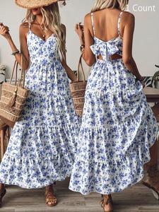 Women's All Over Floral Print Knot Back Cami Dress, Boho Sleeveless A Line Dress for Beach Holiday Vacation, Ladies Summer Clothes