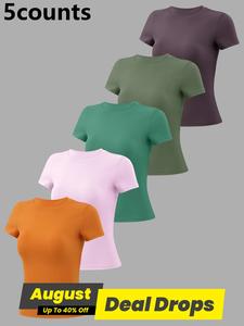 5 Counts Women's Patchwork High Elastic Soft and Comfortable Round Neck Flat Shoulder Short Sleeve Yoga Clothes Four Seasons Outdoor Running Cycling Walking Fashion T-shirt Gym Sports Training Short Sleeve Solid Color Tops, Outdoor Sports Clothing