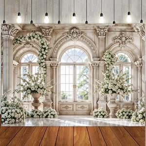 Wedding Themed Backdrop, 1 Count Flower & Church Pattern Backdrop, Decorative Banner for Photography Studio, Living Room & Bedroom Celebration