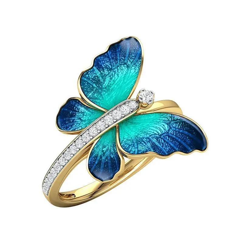 Elegant Butterfly Design Women's Ring with Blue Enamel & Clear Crystals - Golden-Tone Bridal Wedding Engagement Jewelry, Valentine's Day Gift for Her, Luxury Accessories, Special Occasion Jewelry 2
