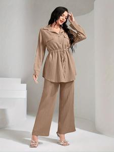 Two-Piece Set Women's Solid Textured Pocket Button Front Shirt & Elastic Waist Pants, Casual Drop Shoulder Long Sleeve Top & Trousers 2 Piece Set for Daily Wear, Ladies Two-piece Outfits for All Seasons