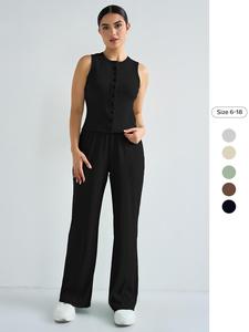 Two-Piece Set Women's Solid Button Tank Top & Wide Leg Pants, Casual Sleeveless Top & Jumpsuit for Summer, Ladies Clothes for Daily Wear, Stretchy Outfit Sets