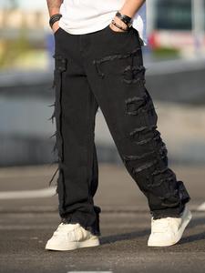 Men's Solid Ripped Jeans, Loose Casual Comfy Denim Trousers for Daily Wear, Fashion Men's Bottoms for All Seasons