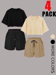 Women's Solid Crop Top & Shorts Set, Casual Fashion Cozy Breathable Two-piece for Daily Outdoor Wear, Ladies Summer Clothes, Suits