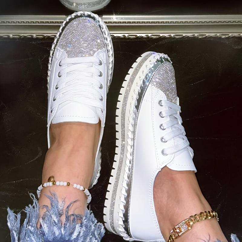 Glittering Rhinestone Women's Sneakers, Fashionable Platform Casual Shoes, Comfortable Versatile White Lace-up Flats Plus Size Footwear Girl 5