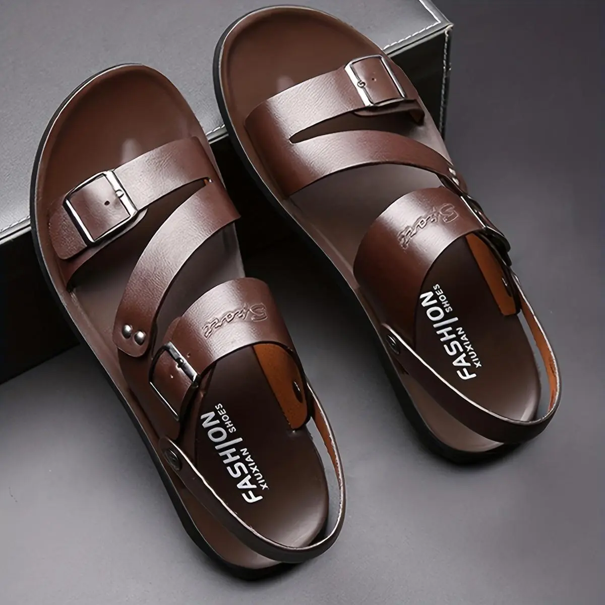 Men's Casual Fashion Sandals - Brown Slip-On Beach Shoes with Thick Rubber Sole, Adjustable Buckle Straps & Metallic Accents for Outdoor Comfort, Versatile Slippers | Fashionable Sandals | Sandals