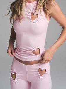 Two-Piece Set Women's Heart Shaped Hollow Out Tank Top & Pants, Minimalist Casual Sleeveless Top & Trousers for Summer, Ladies Clothes for Daily Wear