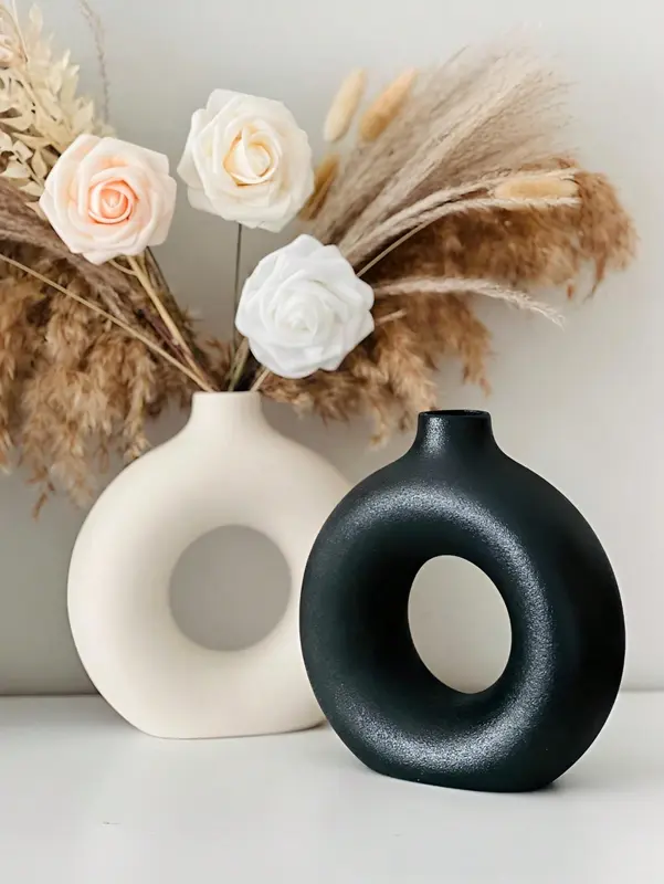 1pc Plastic Circular Flower Vase Decoration for Floral Arrangements White/Black 8