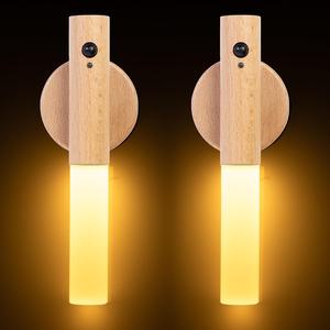 Doraimuni 2-Pack Rechargeable Wireless Wall Lights with Magnetic Mount, USB Stick - Indoor, Wooden, Light Brown [Energy Class A]