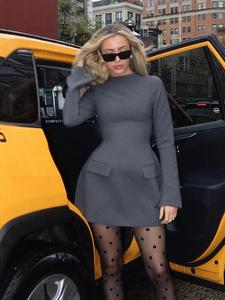 Women's Plain Flounce Sleeve Flap Detail Zipper Back A Line Dress, Elegant Long Sleeve Round Neck Short Dress for Spring & Fall, Women's Clothing for Daily Wear