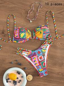 Women's All Over Fruit Print Bikini Set, Casual Swim Top & Swim Bottom Two-piece Swimsuit for Beach Holiday Vacation, Ladies Swimwear for All Seasons, Summer Swimsuit Set